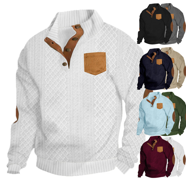Herren Strukturiertes Kabelstrick-Sweatshirt mit Halbknopfblende, Kunstleder‑Patchtasche & Ellbogenpatches Drune