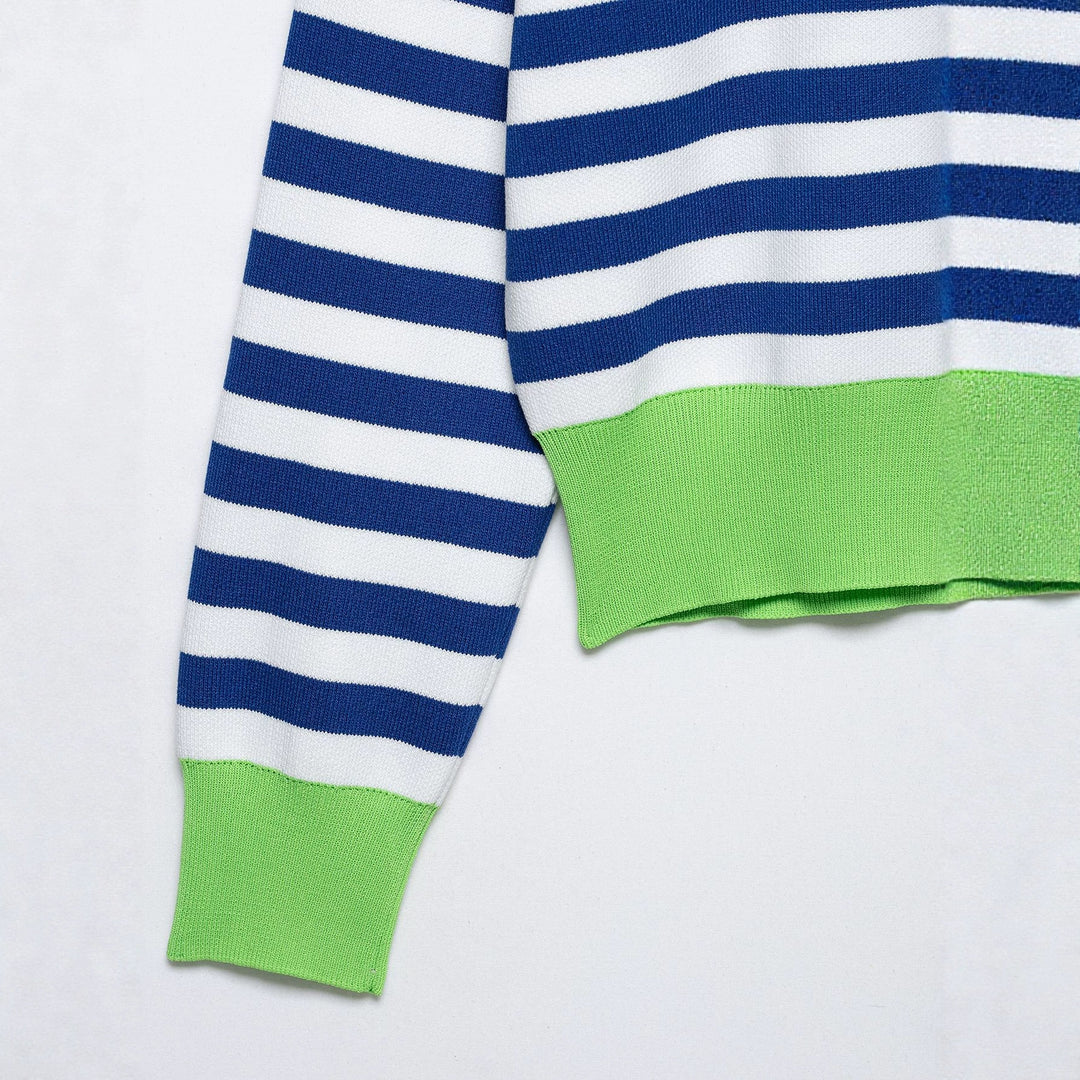 Damen Gestreifter Polo‑Pullover mit V‑Ausschnitt, weitem Rumpf und kontrastierenden Bündchen Drune