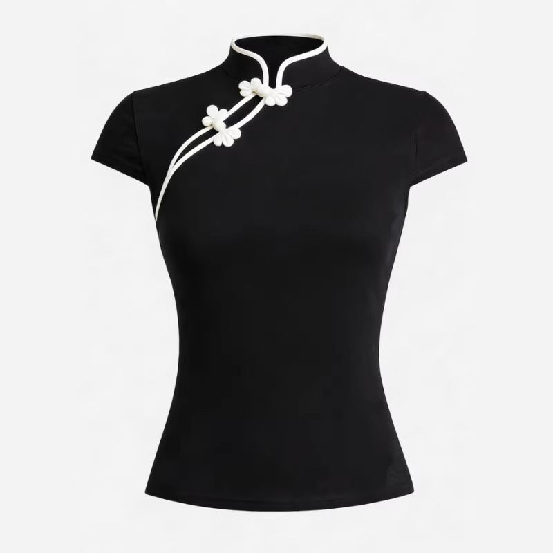 Damen Chinesisch inspirierte Bluse mit modernem Stehkragen und floralen Details Drune
