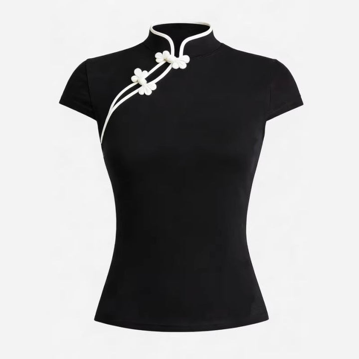 Damen Chinesisch inspirierte Bluse mit modernem Stehkragen und floralen Details Drune