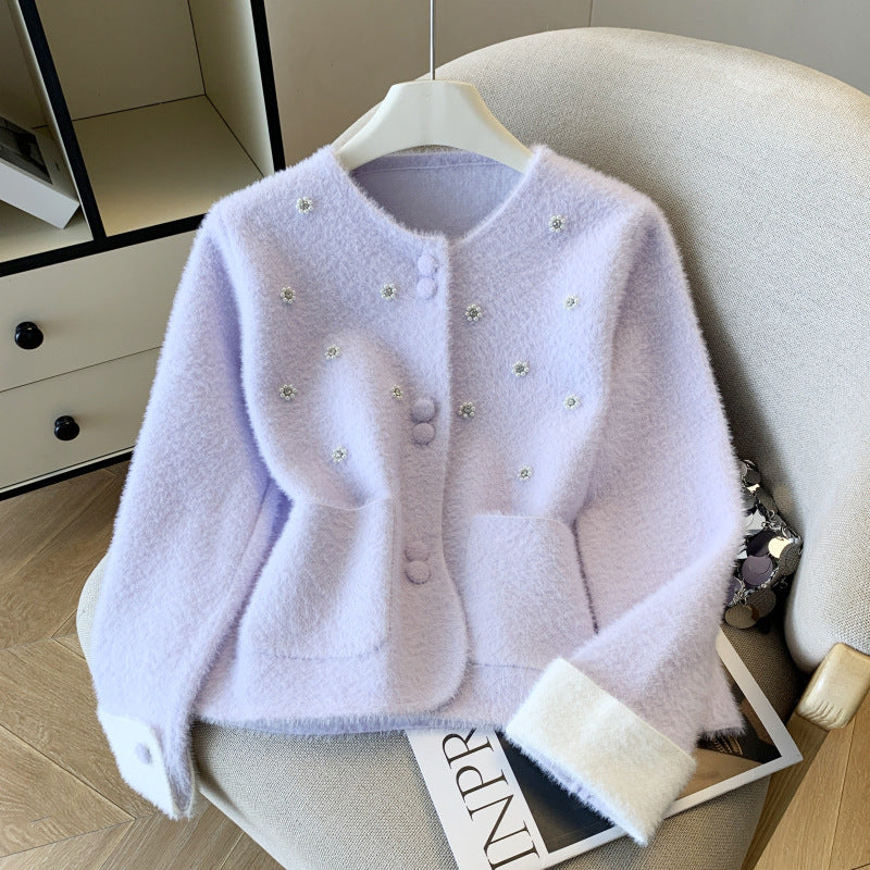 Damen Eleganter Strickjacke mit Perlen-Details Drune