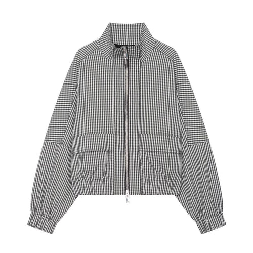 Damen Kariertes Cropped-Blouson mit Stehkragen, Reißverschluss und elastischem Saum Drune