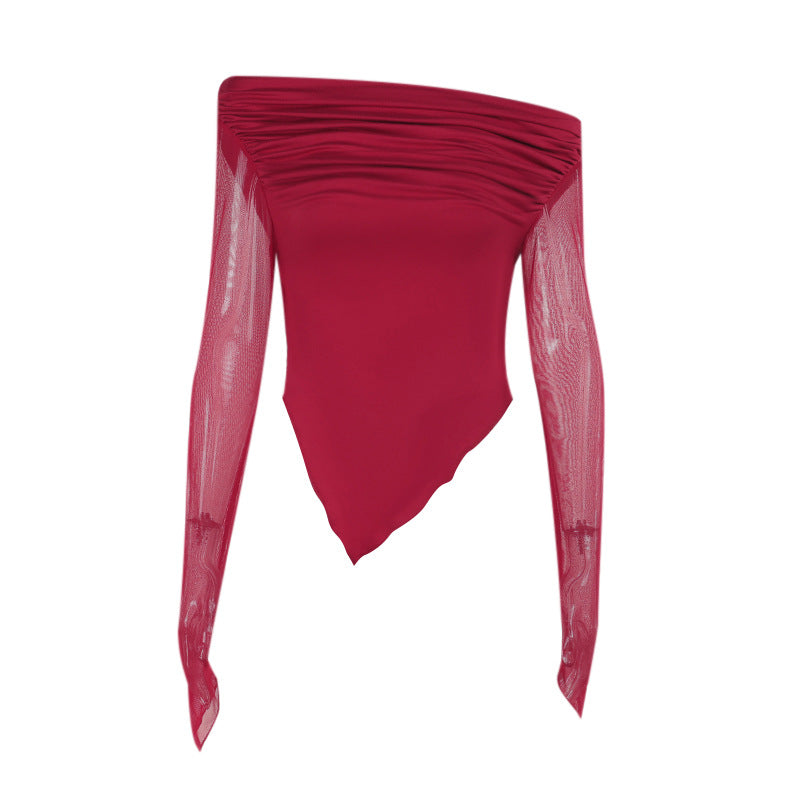Damen elegantes Wickelshirt mit schulterfreiem Design und transparenten Ärmeln Drune