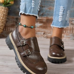 Damen Brogue-Monk-Slipper mit doppeltem Schnallenverschluss, gesteppter Kante und grober Profilsohle Drune