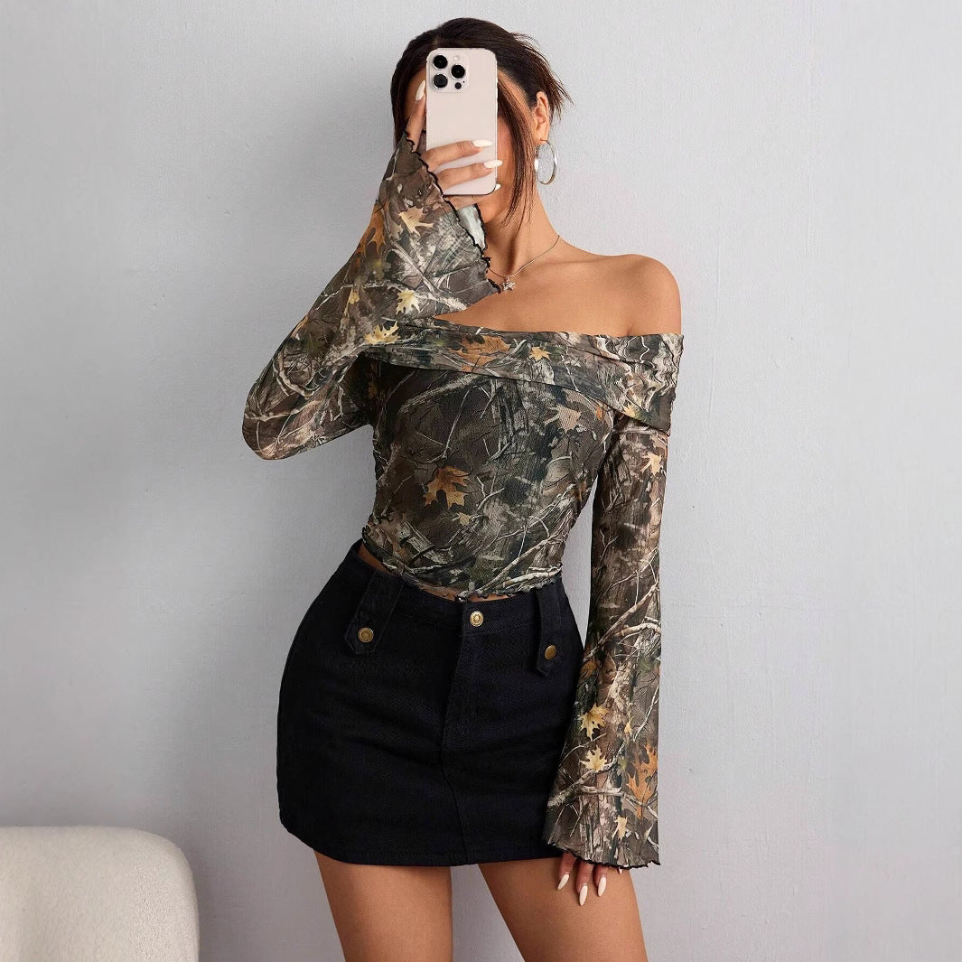 Damen nan schulterfreies Langarm-Top mit Camouflage-Blattmuster und ausgestellten Ärmeln Drune