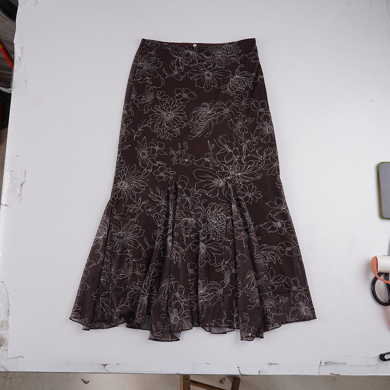 Damen Midirock mit ausgestelltem Volant-Saum und floralem Konturprint Drune