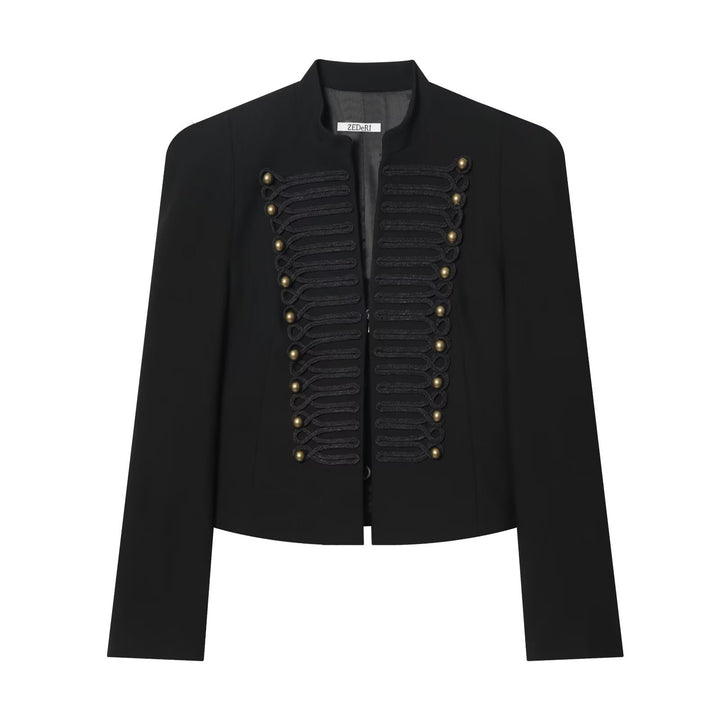 Damen Cropped Military-Blazer mit ornamentaler Kordelverzierung und Stehkragen Drune