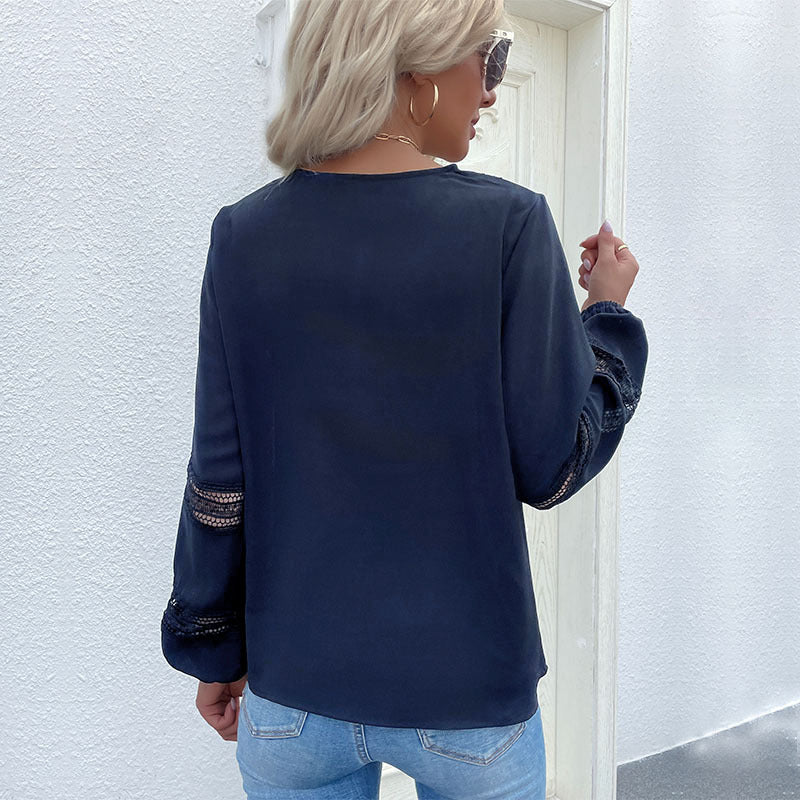 Damen Satinbluse mit V‑Ausschnitt, dekorativer Spitzenpasse und Ärmeln mit Spitzeneinsatz Drune