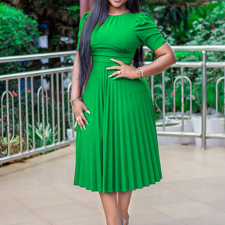 Damen Plissee Kleid mit elegantem Kragen und zeitlosen Puffärmeln Drune