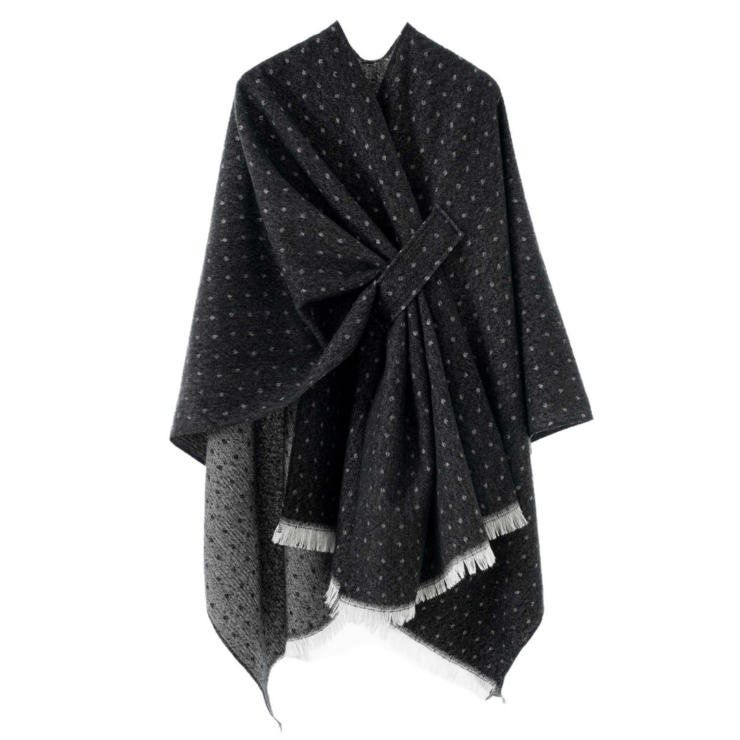 Damen Umlegbarer Wollmix-Poncho mit Hahnentritt-Jacquard und Bindegürtel Drune
