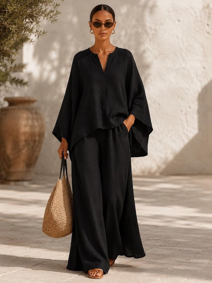 Damen Leichte Leinenmischung Übergroße Kaftan-Oberteil und Kordelzug Weitbein-Hosen Set Drune