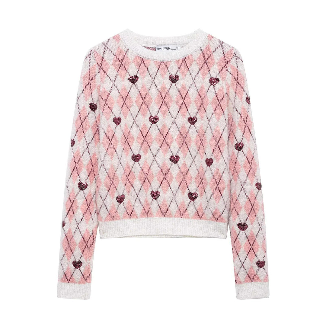 Damen nan verspielter Argyle-Strickpullover mit Paillettenherzen und Rundhalsausschnitt Drune
