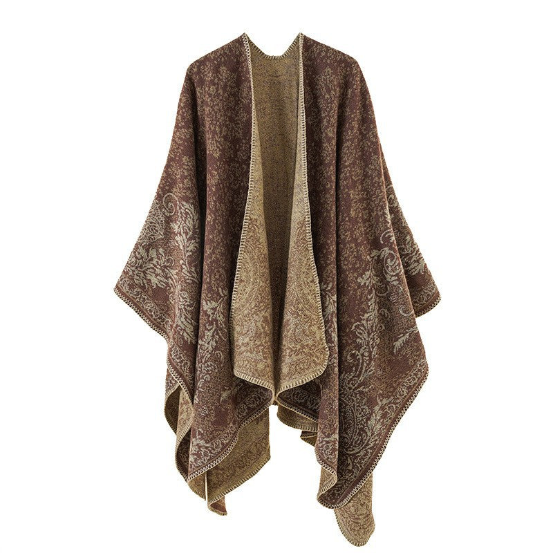 Damen Ornamentaler Jacquard‑Capeponcho mit offenem Fall und Zierkettelnaht Drune