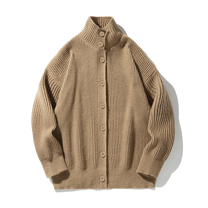Damen Oversized Strickjacke mit Stehkragen, durchgehender Knopfleiste und markanter Rippenstruktur Drune