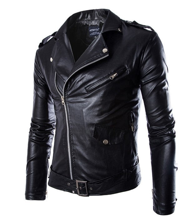 Herren Biker-Lederjacke im Slim-Fit mit asymmetrischem Reißverschluss und Taillengürtel Drune