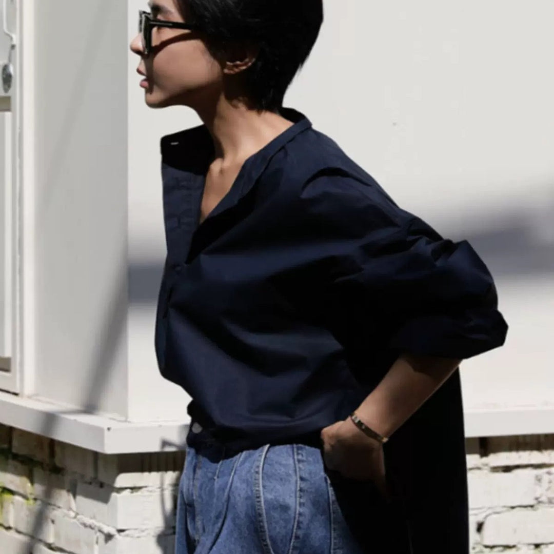 Damen Boxy-Baumwollbluse mit breitem Kentkragen und legerer Passform Drune
