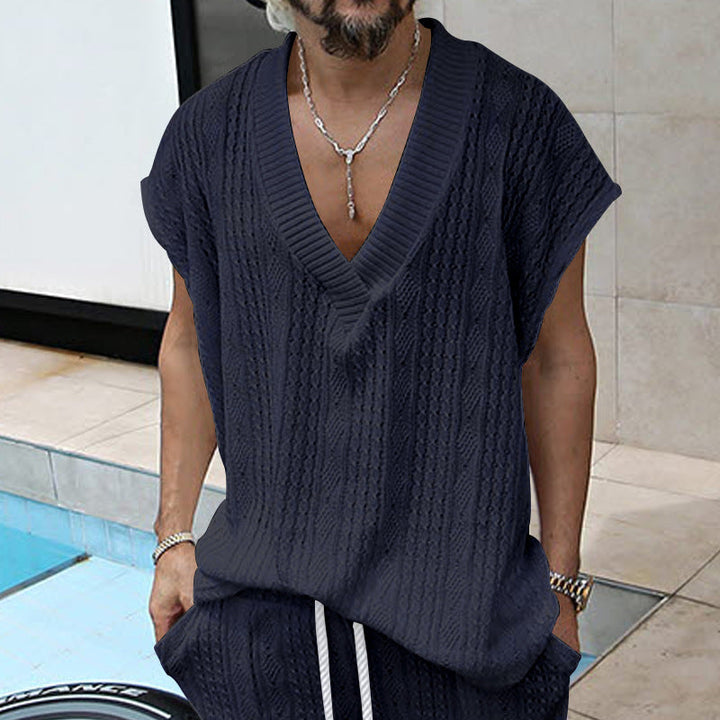 Herren lässiges Strick-T-Shirt mit V-Ausschnitt und oversized Schnitt Drune