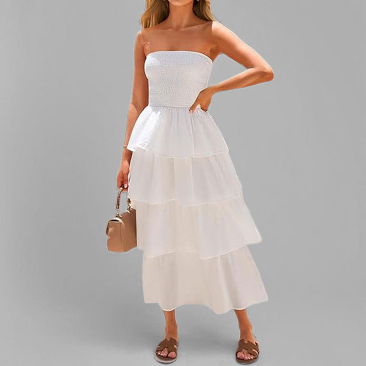 Damen Maxikleid mit schulterfreiem Design und voluminösem Stufenrock Drune