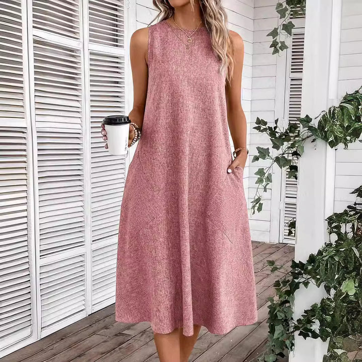 Damen lässiges Midi-Kleid mit tiefem Ausschnitt und praktischen Taschen Drune