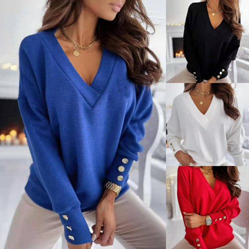 Damen lässiger V-Ausschnitt Pullover aus weichem Baumwollmix Drune