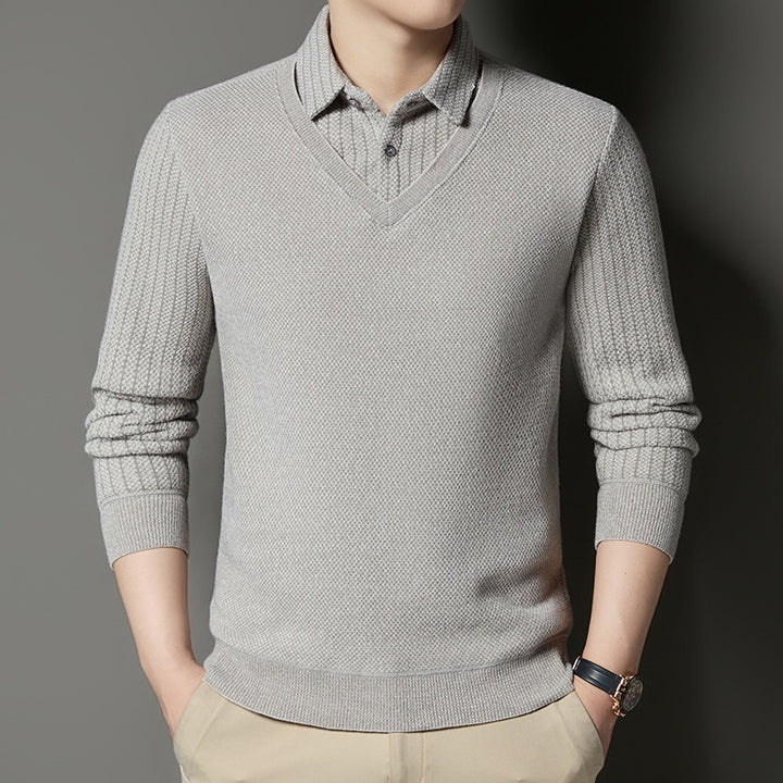 Herren Feinstrick-Pullover mit V-Ausschnitt und integriertem Polokragen Drune