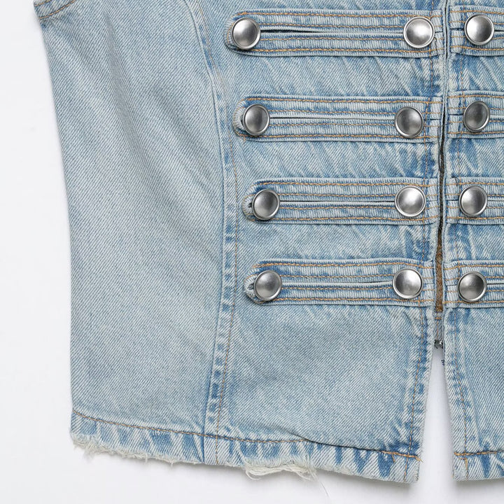 Damen Jeansweste im Military-Look mit Stehkragen und dekorativer Druckknopfleiste Drune