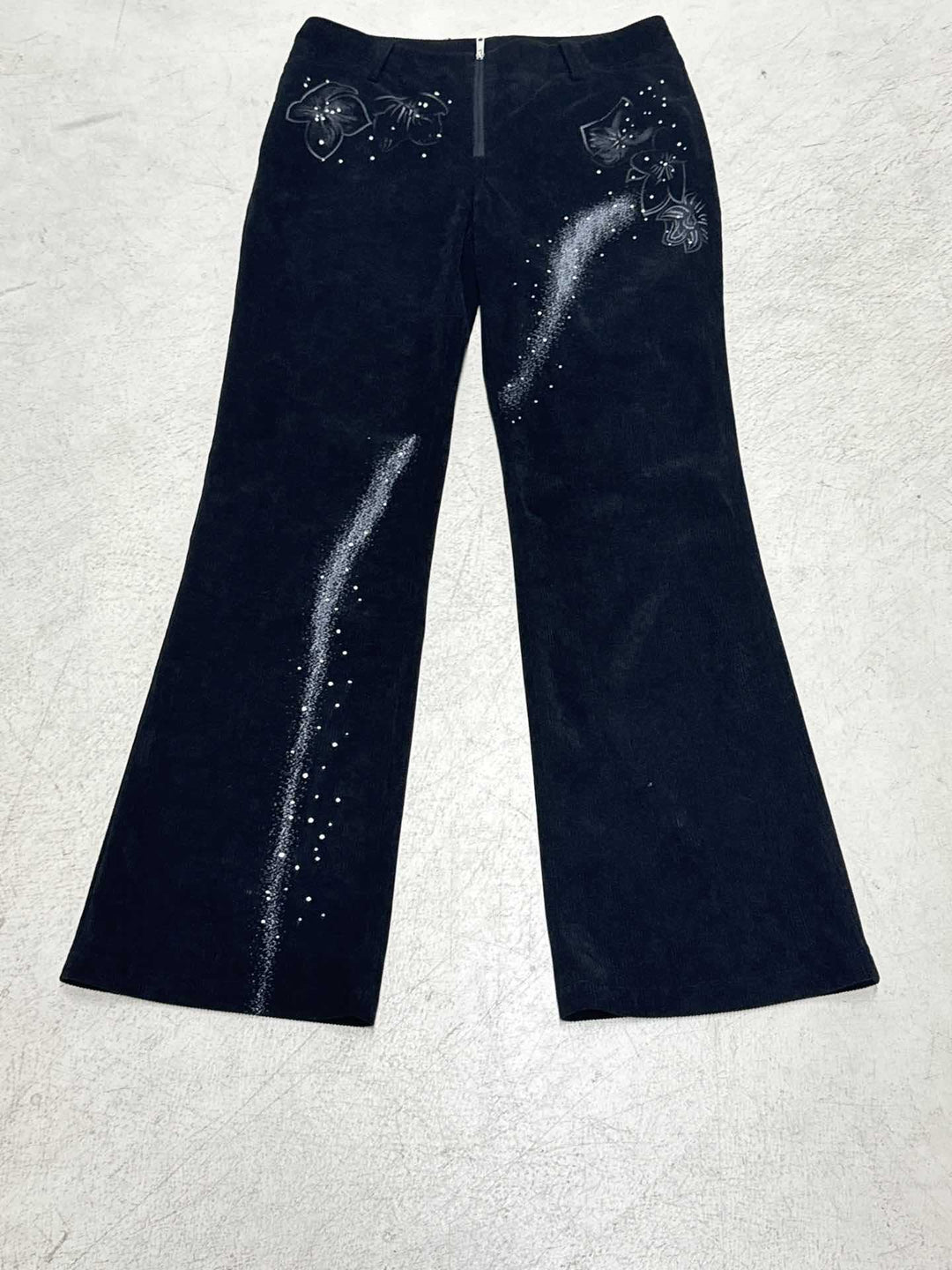 Damen nan ausgestellte Cordhose mit Glitzerstreifen und Blumenstickerei, hoher Bund Drune