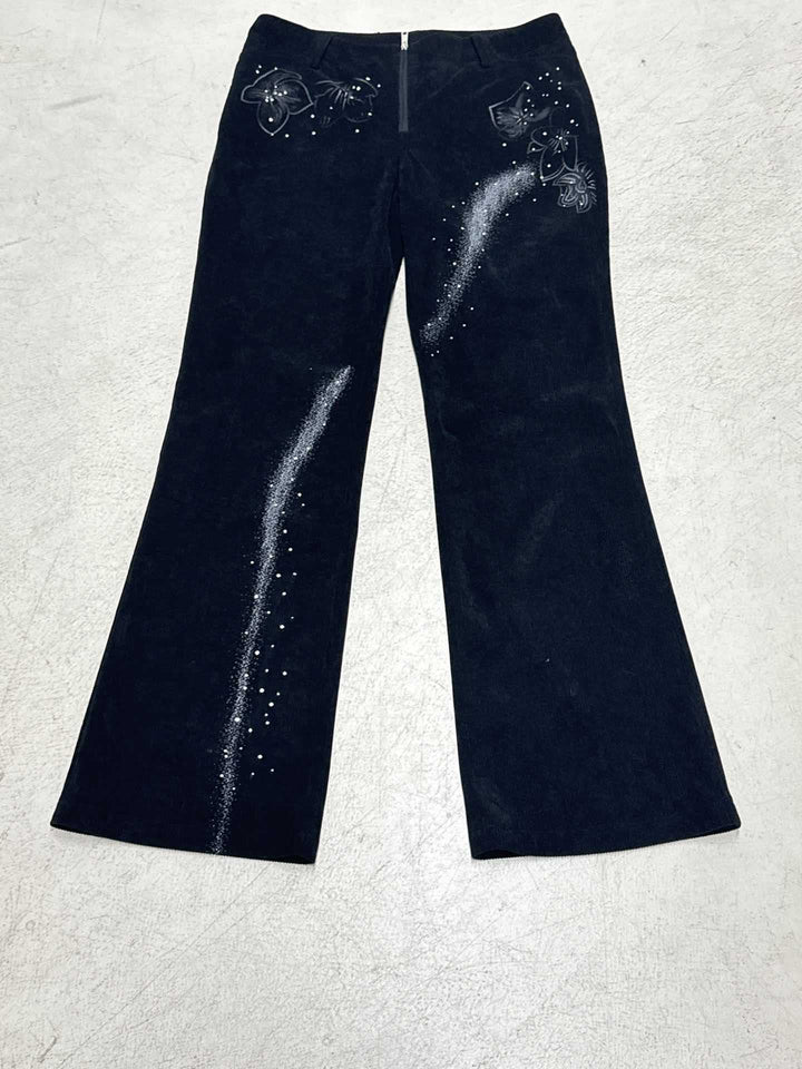Damen nan ausgestellte Cordhose mit Glitzerstreifen und Blumenstickerei, hoher Bund Drune