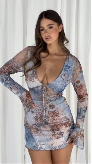 Damen Figurbetontes Minikleid mit tiefem V-Ausschnitt und langen Ärmeln Drune