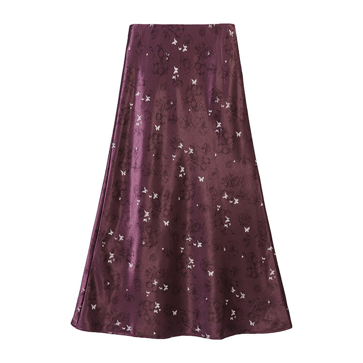 Damen nan A-Linien Midirock aus Jacquard-Satin mit floralen und Schmetterlingsreliefs Drune