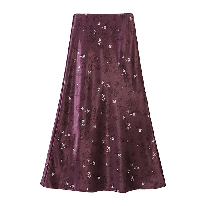 Damen nan A-Linien Midirock aus Jacquard-Satin mit floralen und Schmetterlingsreliefs Drune