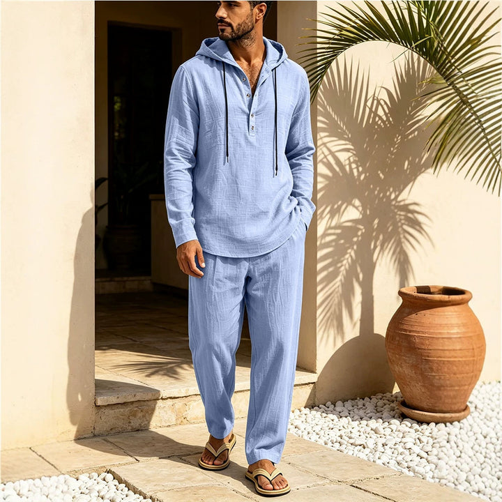 Herren Lässiges Leinen-Look Freizeit-Set mit Kapuzenhemd und weiten Hosen Drune