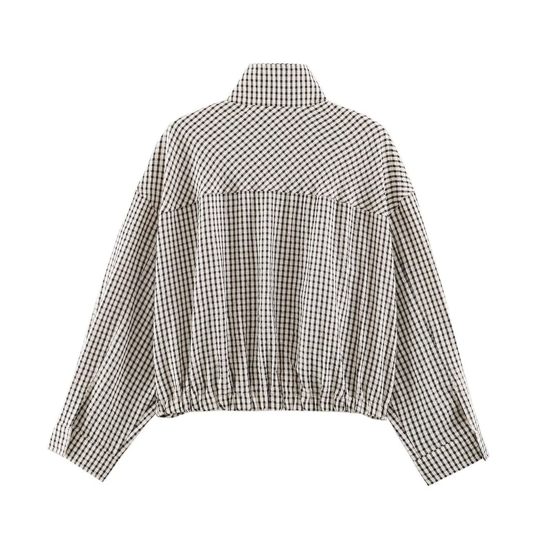 Damen Karo-Übergangsjacke im Oversize-Cropped-Schnitt mit hohem Stehkragen Drune