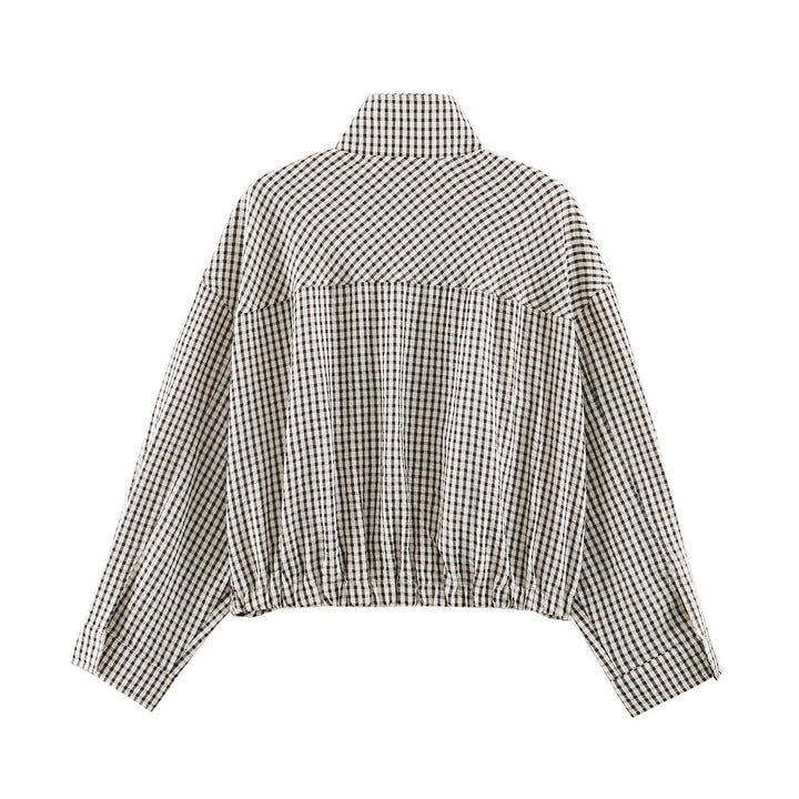 Damen Karo-Übergangsjacke im Oversize-Cropped-Schnitt mit hohem Stehkragen Drune