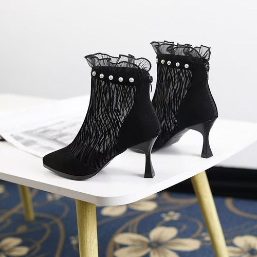 Damen Elegante Netze Stiefeletten mit Rüschendetails Drune