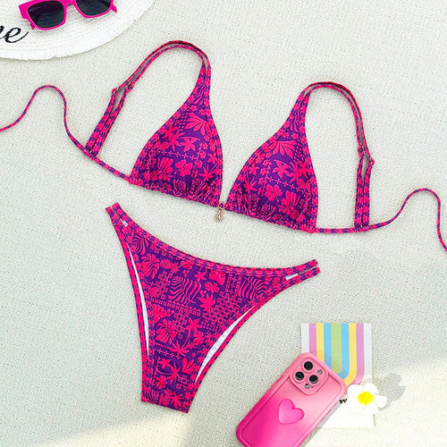 Damen Triangel-Bikini mit floralem Muster und elegantem Schmuckdetail Drune