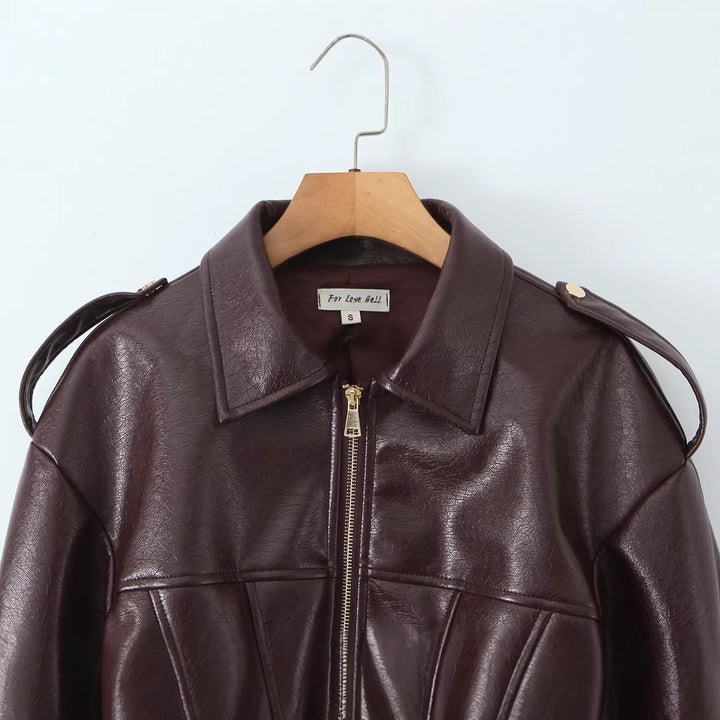 Damen Cropped-Lederjacke mit taillierter Korsett-Optik, Schulterriegeln und Reißverschluss Drune