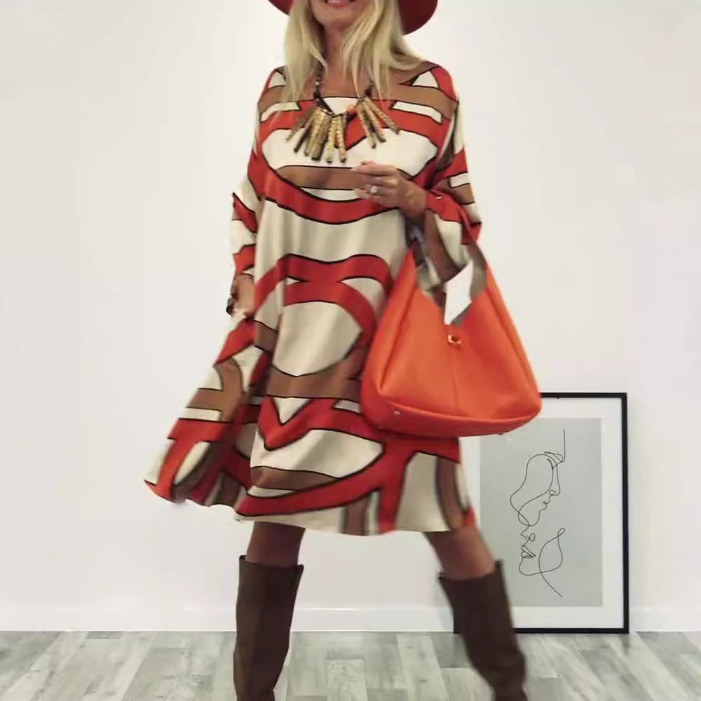 Damen nan großzügiges Swingkleid mit weitem Tulpen-Saum, Fledermausärmeln und grafischem Allovermuster Drune