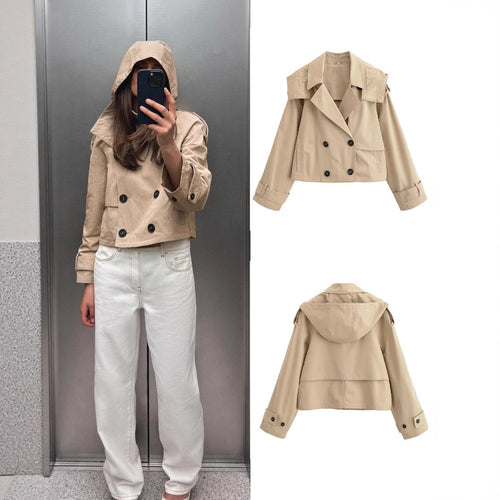 Damen Kurzjacke im Trenchcoat‑Stil mit doppelreihiger Knopfleiste und verstellbaren Manschetten Drune