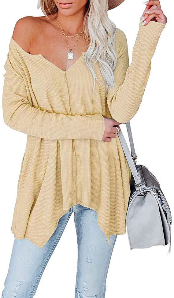 Damen Freizeit Waffelstrick Tunika mit V-Ausschnitt, Off-Shoulder und asymmetrischem Saum Drune