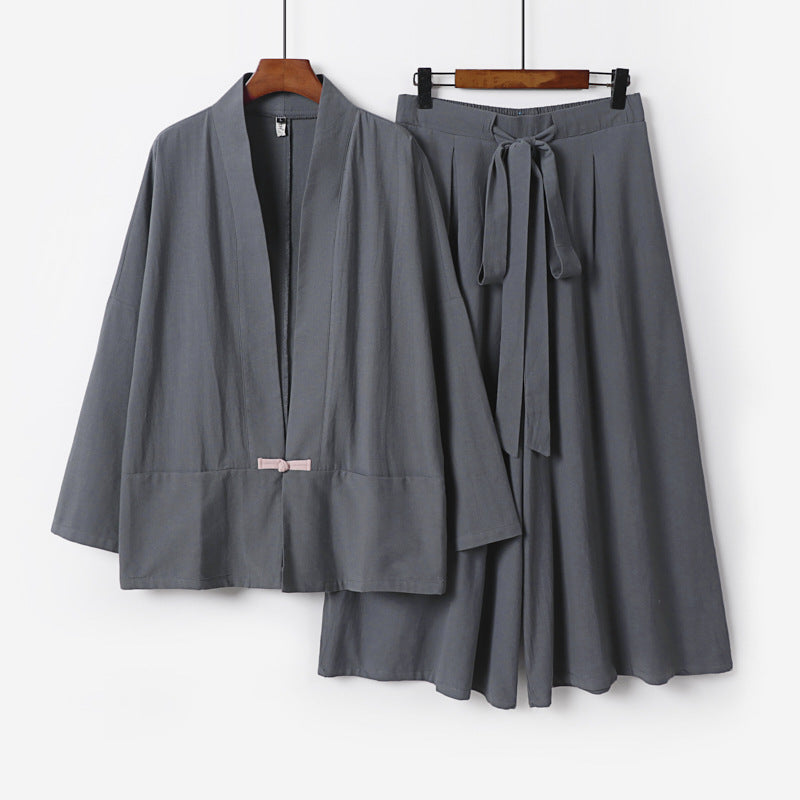 Damen Zen-inspiriertes Kimono-Set aus fließender Viskose mit kurzer Jacke und weiter Culotte-Hose Drune