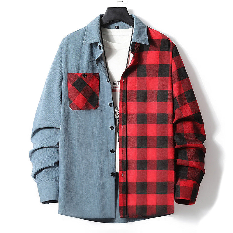 Herren Halbgespaltenes Overshirt im Lumberjack-Karo mit kontrastierender Uni‑Seite, Brusttasche und durchgehender Knopfleiste Drune