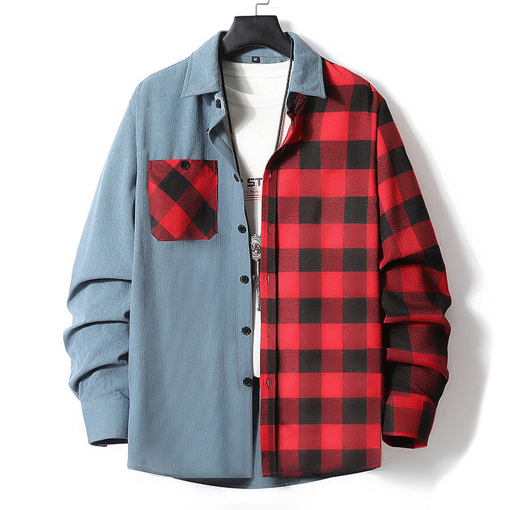 Herren Halbgespaltenes Overshirt im Lumberjack-Karo mit kontrastierender Uni‑Seite, Brusttasche und durchgehender Knopfleiste Drune