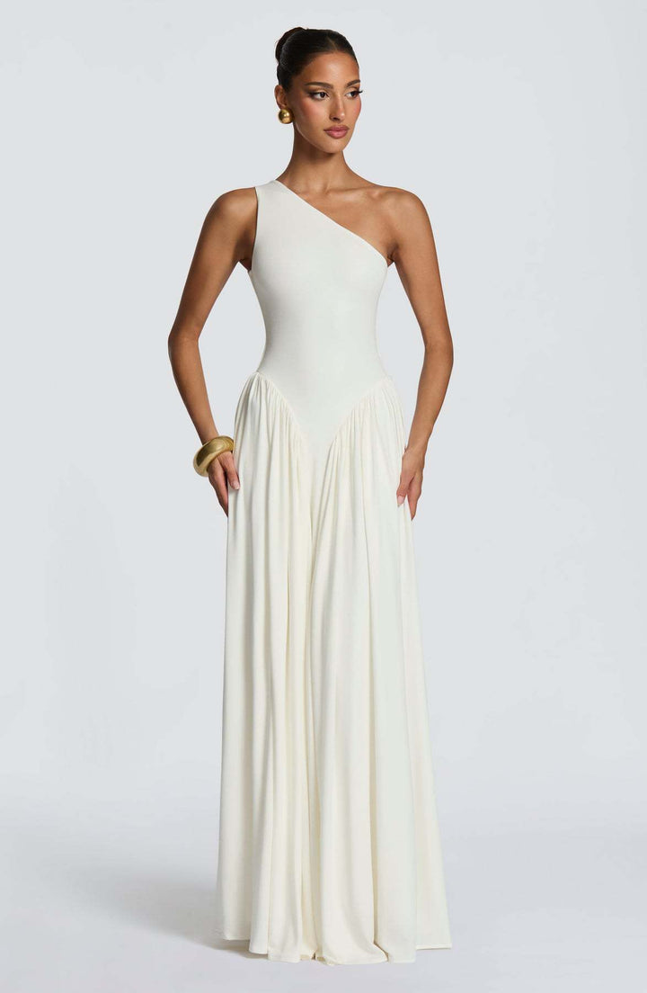 Damen Elegantes asymmetrisches Maxikleid mit fließendem Rock und raffinierten Drapierungsdetails Drune