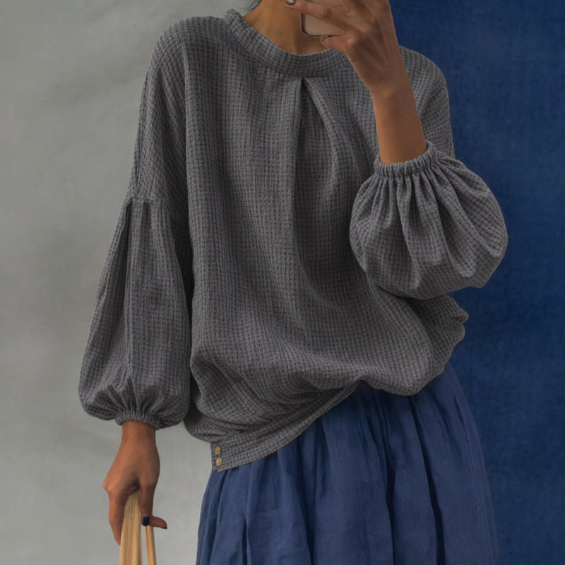 Damen Oversize Waffelstrickpullover mit Ballonärmeln und Kellerfalte Drune