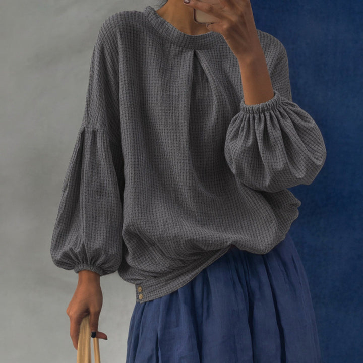 Damen Oversize Waffelstrickpullover mit Ballonärmeln und Kellerfalte Drune