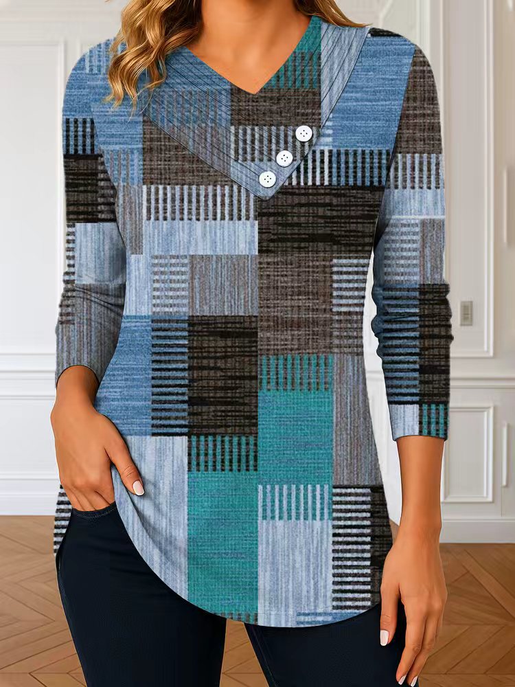 Damen Langarm-Tunika mit asymmetrischem V-Ausschnitt, Zierknopfleiste und kariertem Patchworkmuster Drune