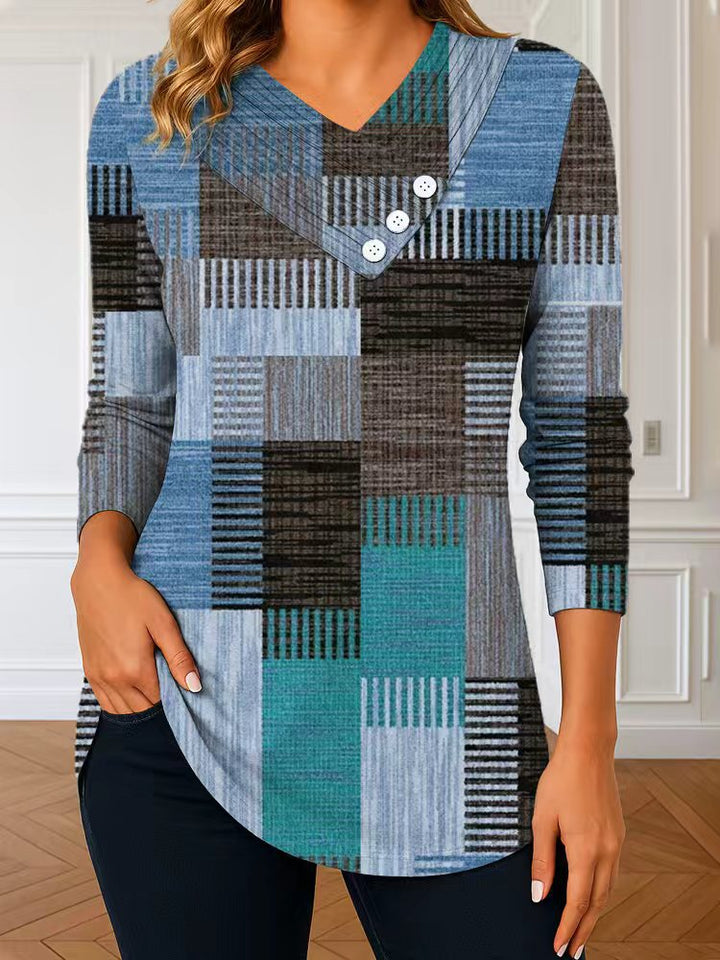 Damen Langarm-Tunika mit asymmetrischem V-Ausschnitt, Zierknopfleiste und kariertem Patchworkmuster Drune