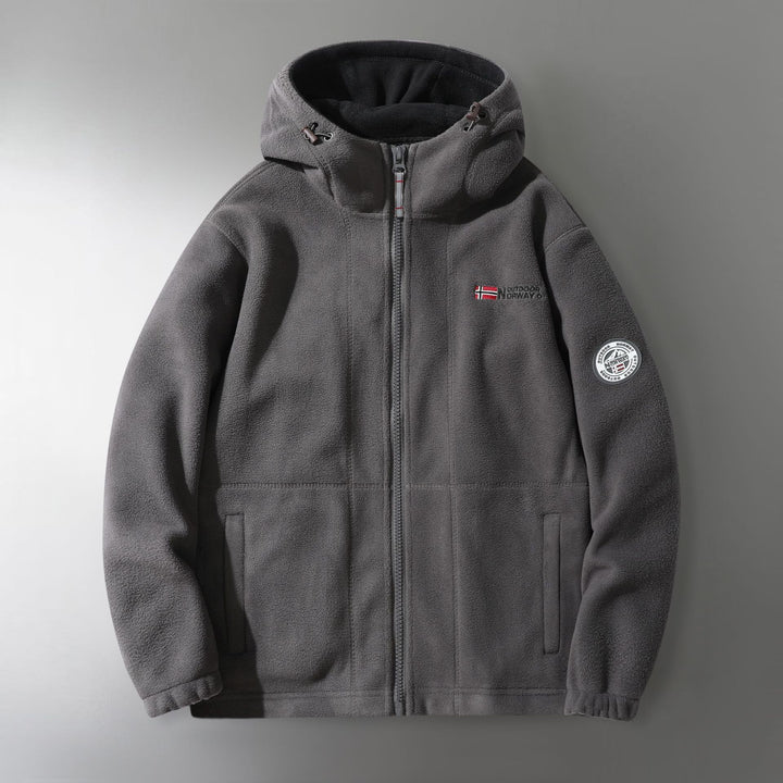 Herren Microfleece-Outdoorjacke mit Kapuze, windabweisender Struktur und Logo-Patch Drune