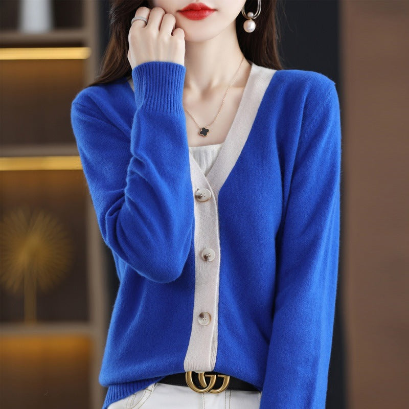 Damen Kontrastbesetzter V‑Neck-Feinstrickcardigan mit Perlmuttknöpfen Drune